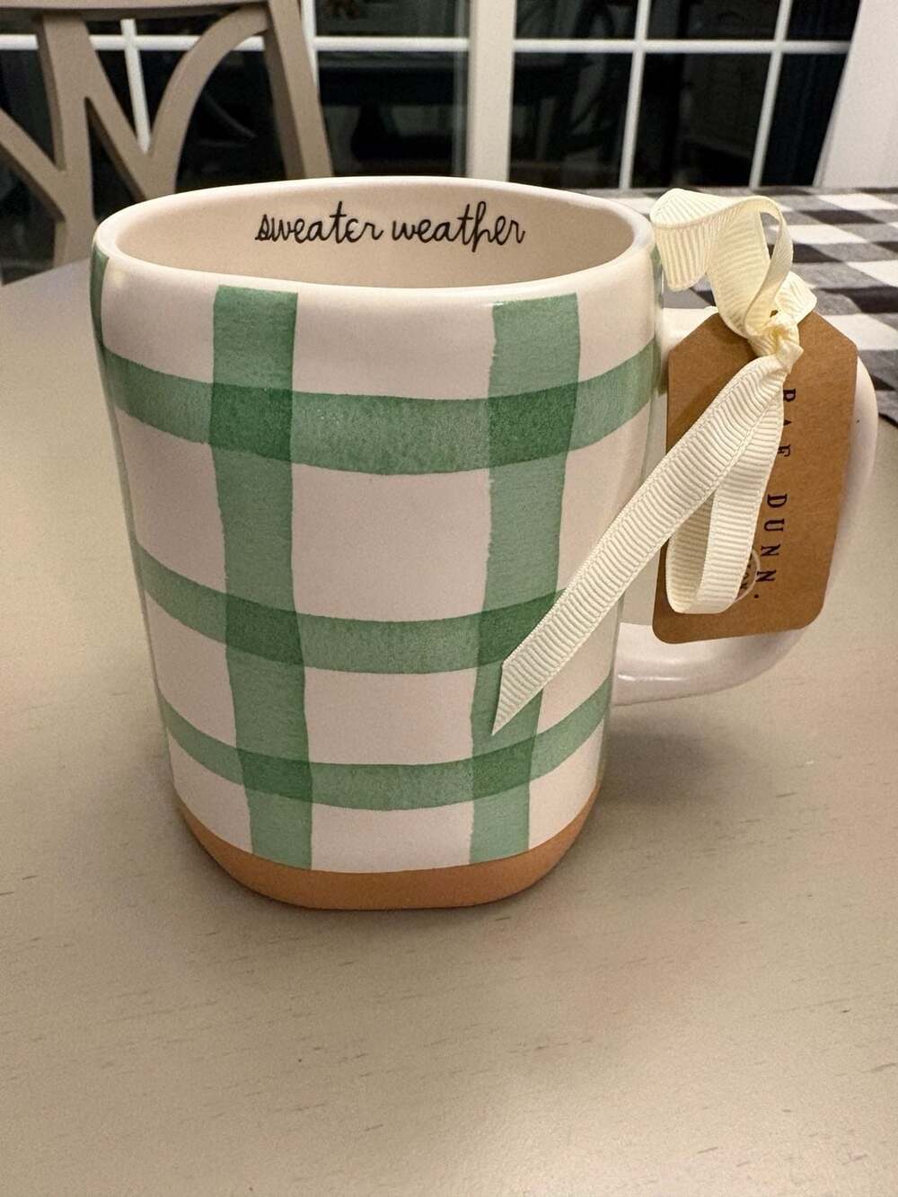Rae Dunn Sweater Weather Green Gingham Plaid Ceramic Mug